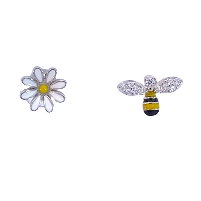 925 Y+W+B ENAMEL CZ PAVE DAISY+BUMBLE BEE STUDS <br/>M12313