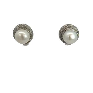 925 WH FW PEARL CZ PAVE HALO HINGE HOOPS 11X8 2.6g