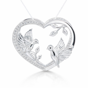 925 CZ PAVE 2 BIRDS OPEN CUT 3D HEART PEND - 25X22 <br/>10009