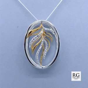 925 GLD PL+CZ PAVE OPEN CUT FEATHER OVAL PENDANT <br/>10012