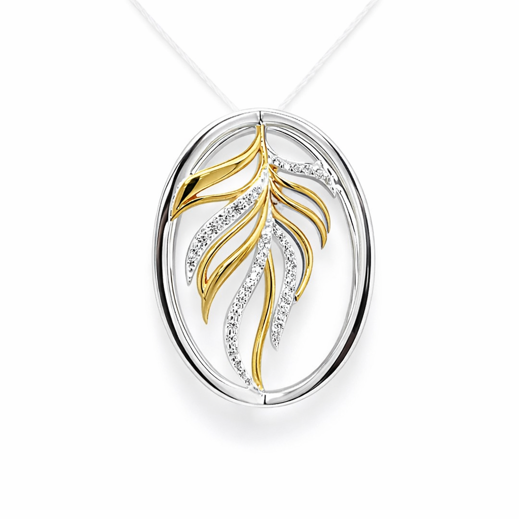 925 GLD PL+CZ PAVE OPEN CUT FEATHER OVAL PENDANT <br/>10012