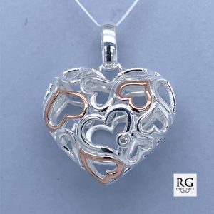 925 RG PL CZ PUFFED OPEN CUT HEARTS PENDANT - 18MM <br/>10014