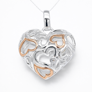 925 RG PL CZ PUFFED OPEN CUT HEARTS PENDANT - 18MM <br/>10014