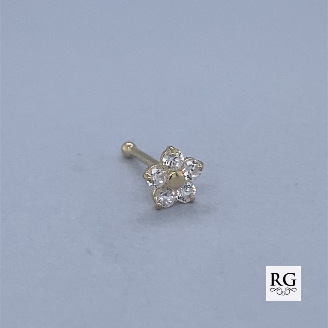 9CT YG CZ CLAW SET FLOWER NOSE BALL PIN 5MM 0.18g <br/>1003