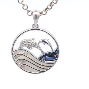 925 MOP+ABALONE CZ PAVE DOLPHIN WAVES RND PEND 2.1 <br/>10089