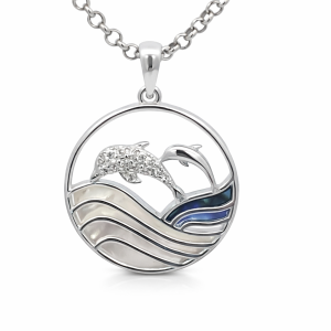 925 MOP+ABALONE CZ PAVE DOLPHIN WAVES RND PEND 2.1 <br/>10089
