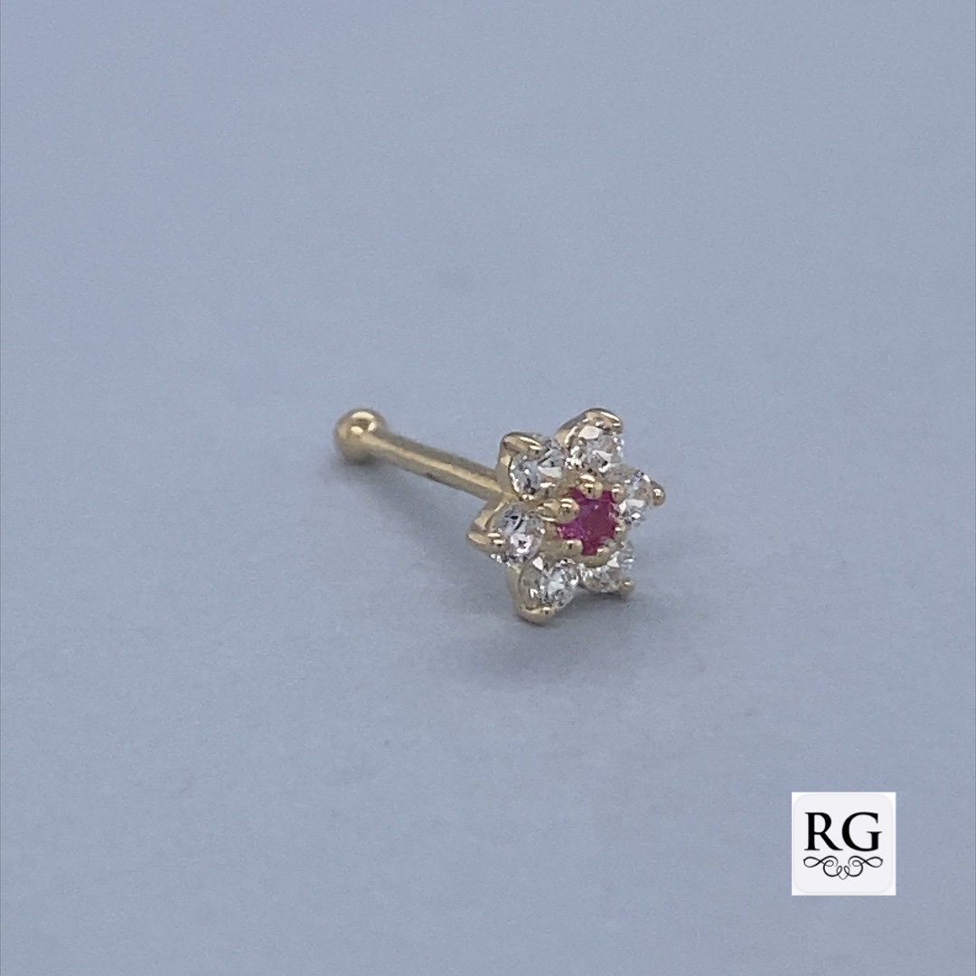 9CT YG RUBY+CZ FLOWER NOSE BALL PIN - 5MM 0.19g <br/>1009