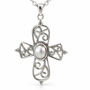 925 OXI OV WH FW PEARL OPEN FILIGREE CROSS 45X29  <br/>10516