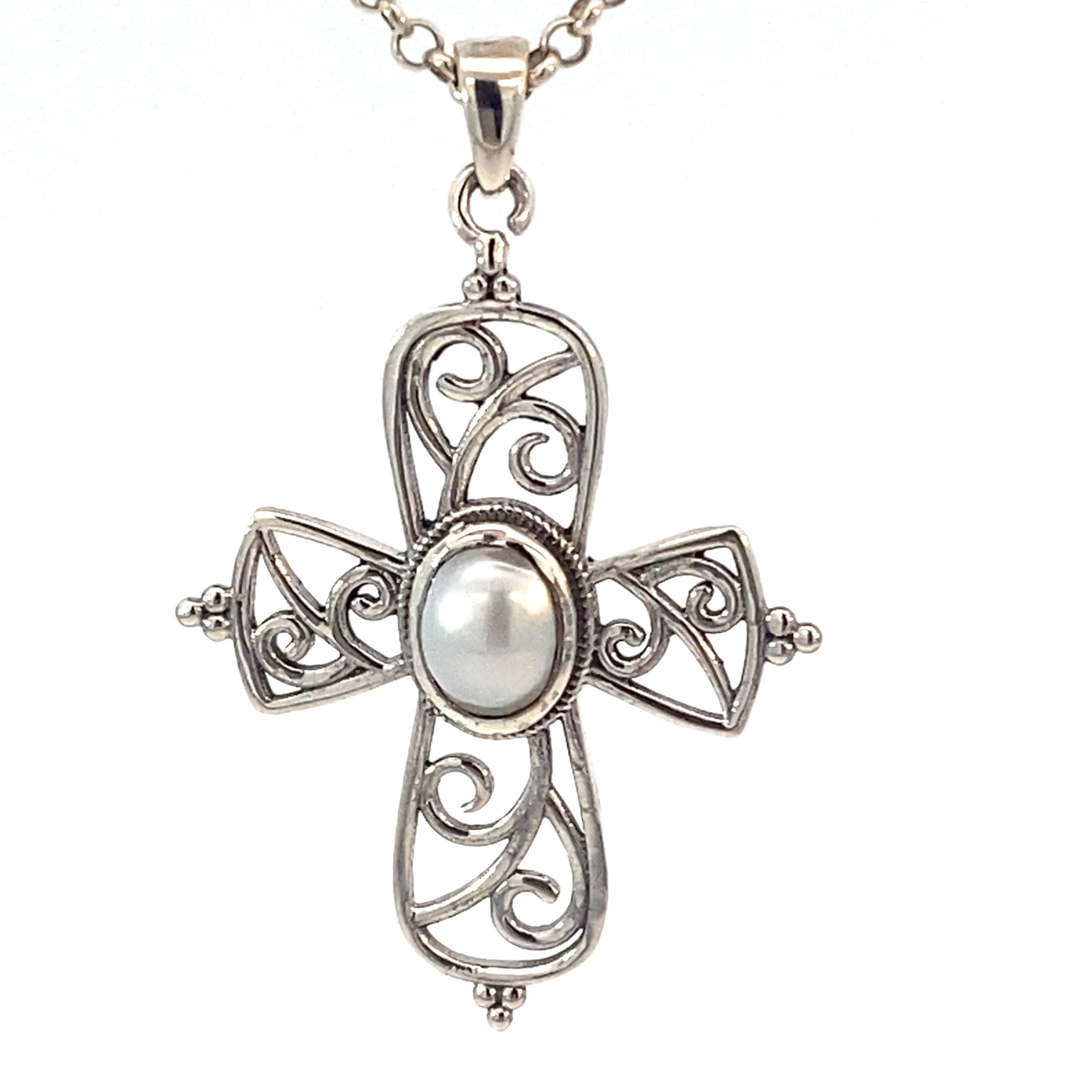 925 OXI OV WH FW PEARL OPEN FILIGREE CROSS 45X29 <br/>10516