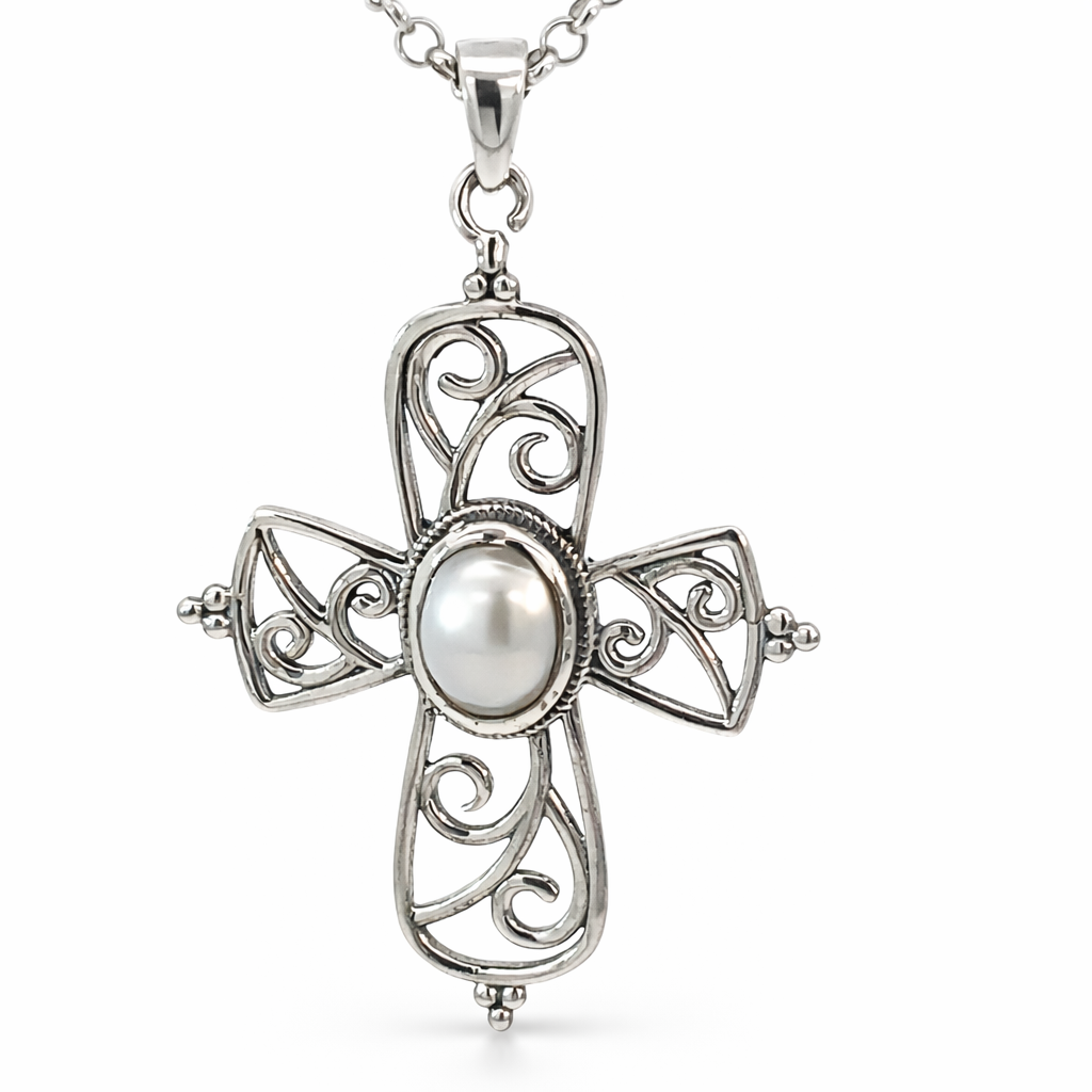 925 OXI OV WH FW PEARL OPEN FILIGREE CROSS 45X29 <br/>10516