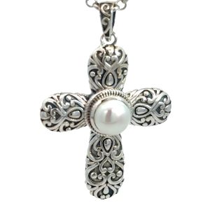 925 WH FW PEARL FILIGREE CROSS - 40X26 - 3.95g