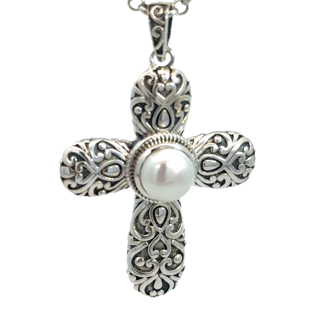 925 WH FW PEARL FILIGREE CROSS - 40X26 - 3.95g