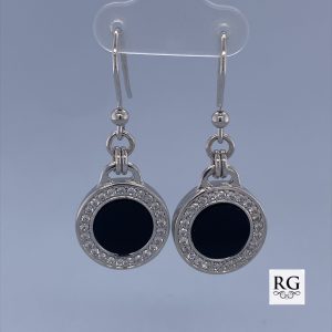 925 HANGING BLK ENAMEL CZ PAVE EARRINGS - 42X17 <br/>11541B
