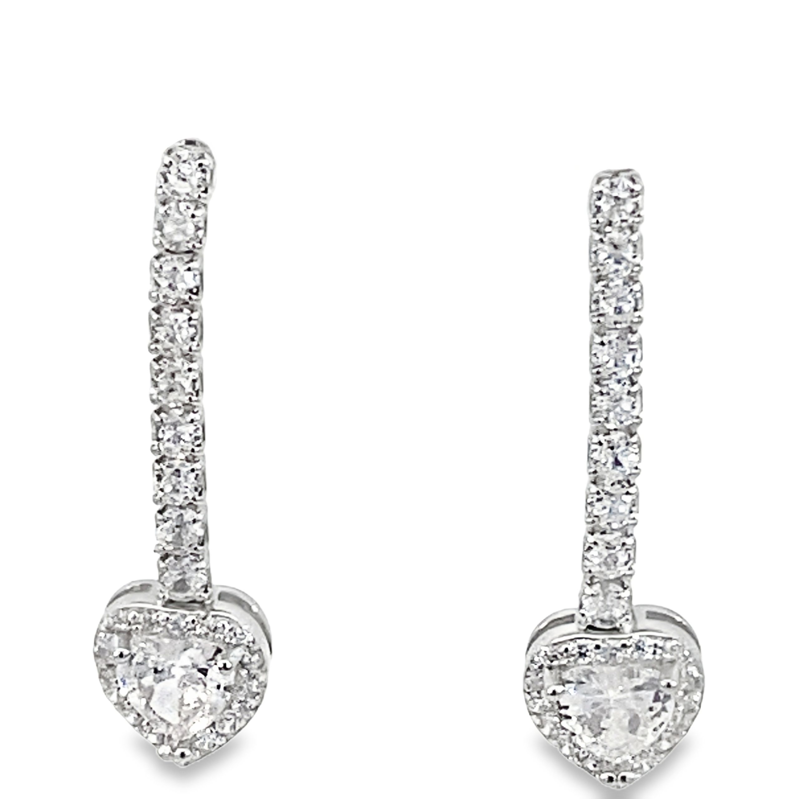 925 CZ PAVE HEART ON LONG BAR DROP EAR 26X7 2.3g <br/>11640