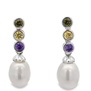 925 GR+YEL+PURPLE CZ FW PEARL DROP EAR - 25X8 - 4g <br/>11726