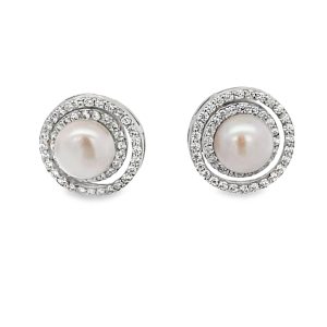 925 WH FW PEARL DBL HALO STUDS - 12MM - 3.6g <br/>11728