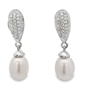 925 WH FW PEARL CZ PAVE TEARDROP EAR - 26X8 - 4g <br/>11729