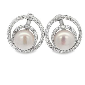 925 WH FW PEARL DBL HALO STUDS - 15MM - 6g <br/>11731