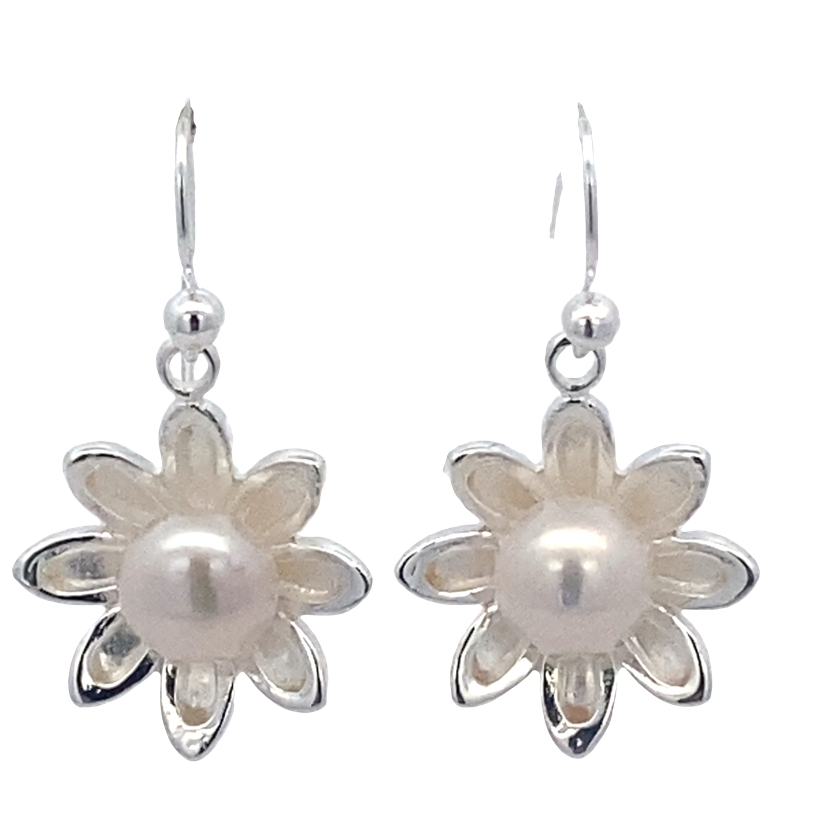 925 WH FW PEARL IN DAISY DROP EAR - 30X17 - 4.8g <br/>11775