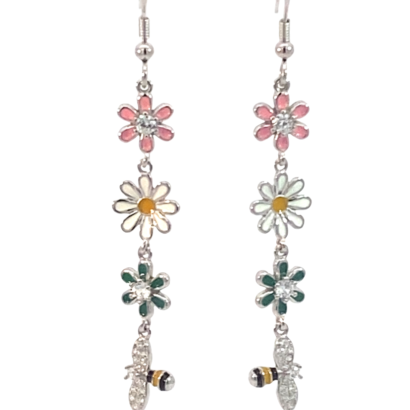925 TRIP DAISY+BEE CZ ENAMEL DROP EAR - 60X9 3.6g <br/>11798