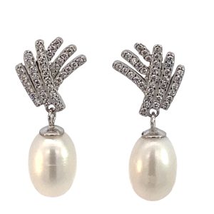 925 CZ PAVE 6 STRAND OVAL FW PEARL EAR  25X11 4.5g <br/>11818