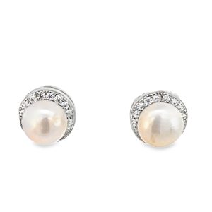 925 WH FW PEARL CZ PAVE HALO STUDS - 9MM - 2.7g <br/>11836