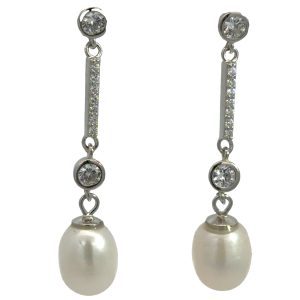 925 CZ PAVE WH FW PEARL BAR DROP EAR 36X8 3.6g