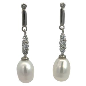 925 CZ PAVE+PLAIN BAR WH FW PEARL EAR - 35X8 4.1g