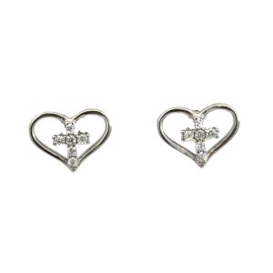 925 CZ PAVE CROSS IN OUTLINE HEART STUDS 11X8 1.3g