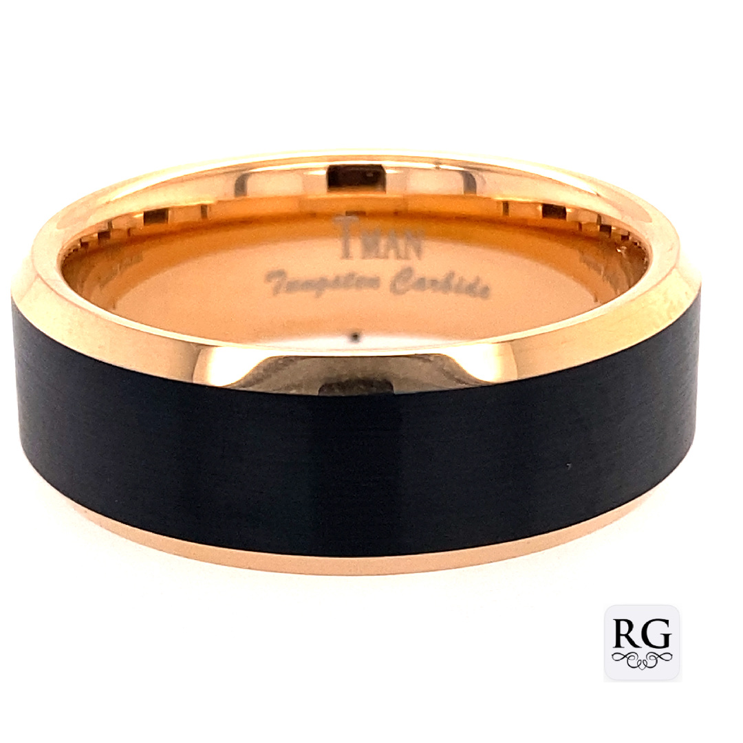 TUNGSTEN IP BLACK+RG FLAT BRUSHED RING + 8MM <br/>13611