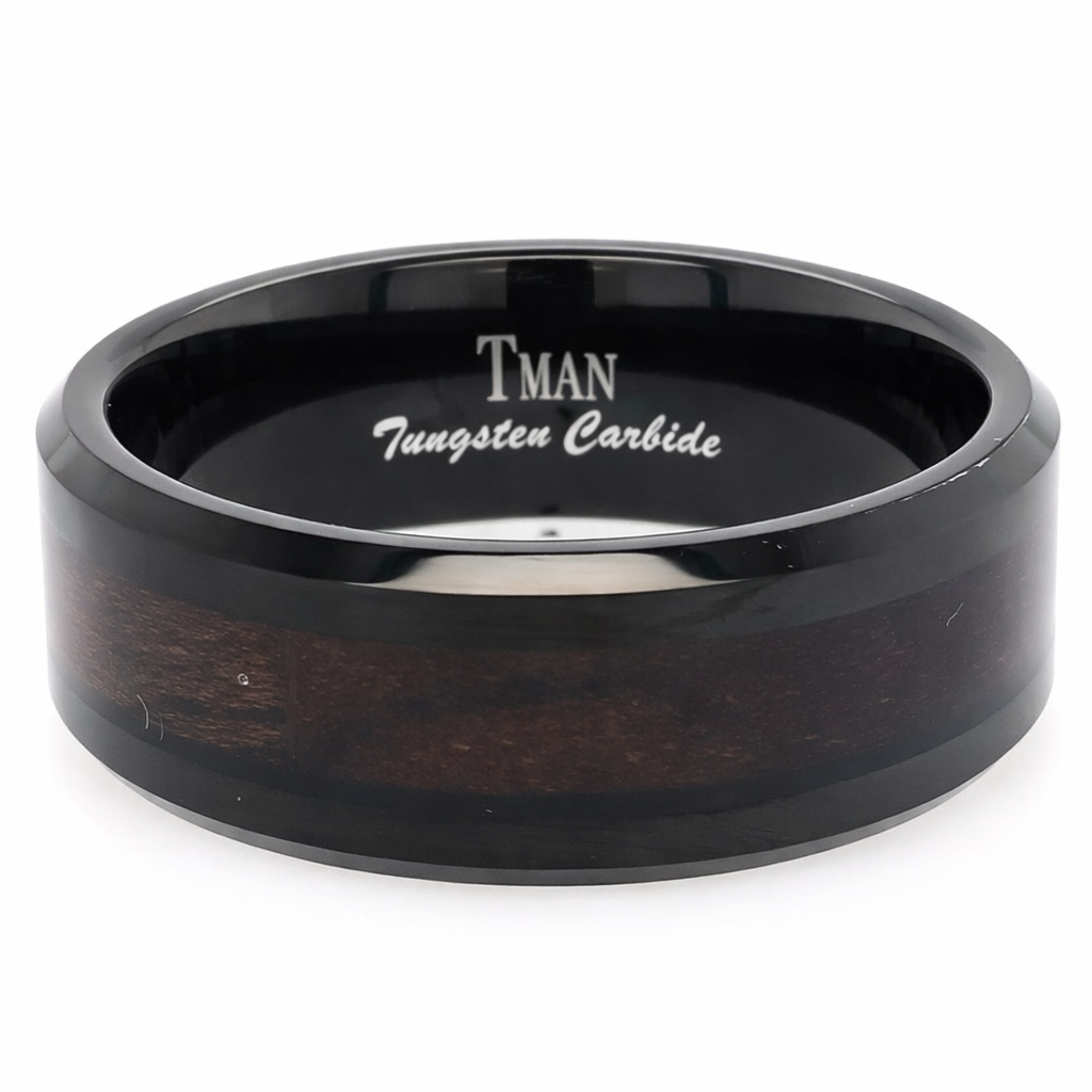 TUNGSTEN IP BLK FLAT POLISH WOOD INLAY RING - 8MM <br/>13612 - Image 2