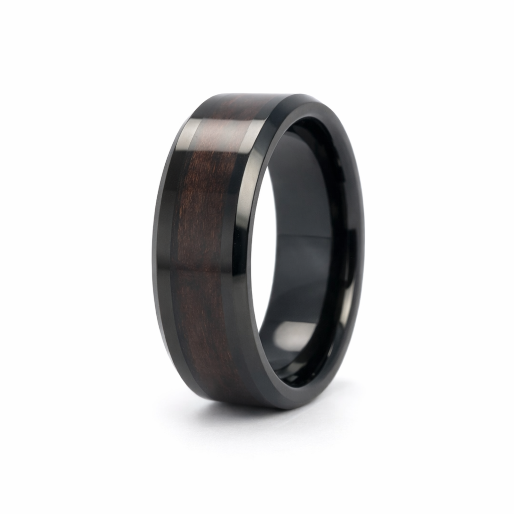 TUNGSTEN IP BLK FLAT POLISH WOOD INLAY RING - 8MM <br/>13612 - Image 3