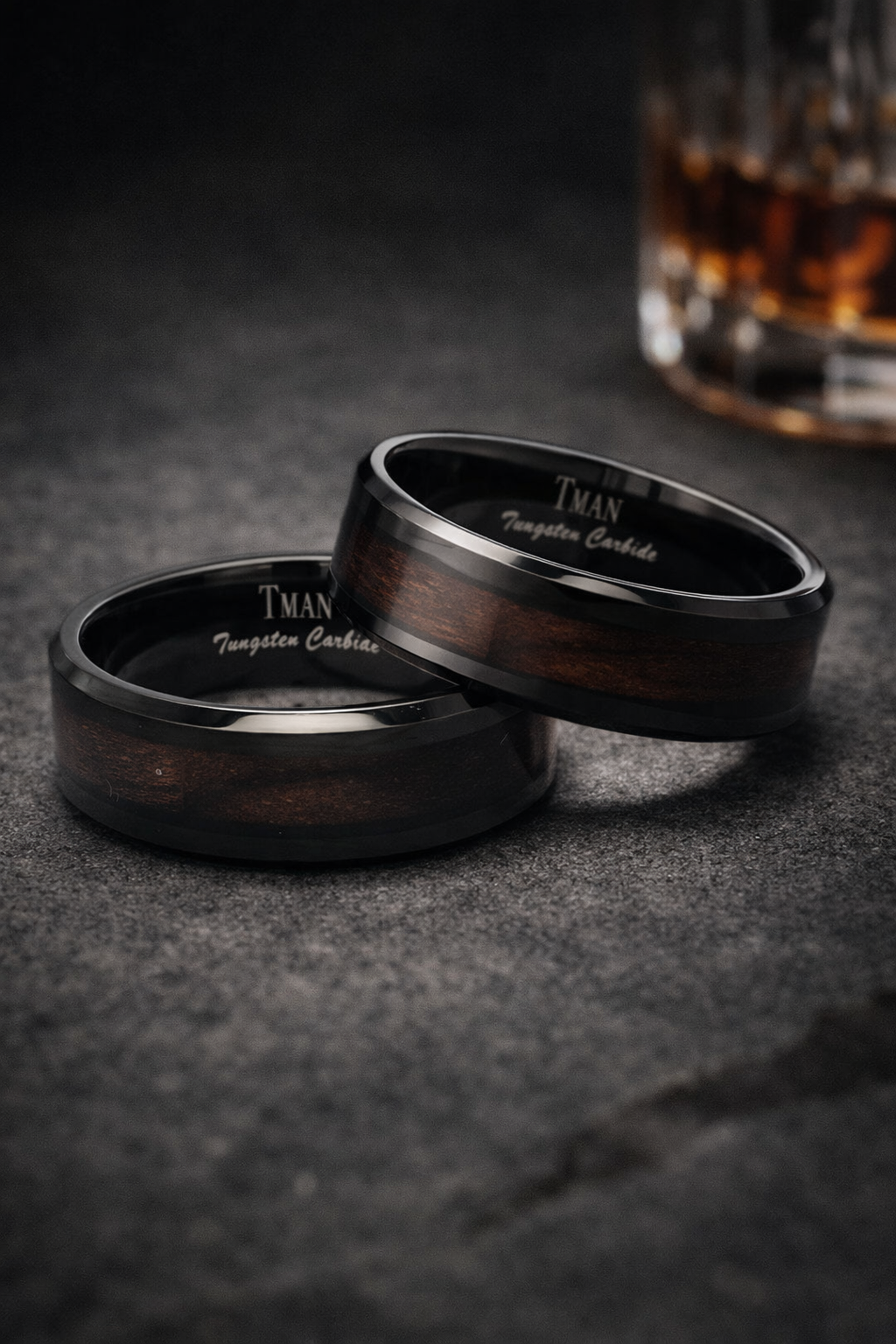 TUNGSTEN IP BLK FLAT POLISH WOOD INLAY RING - 8MM <br/>13612 - Image 4