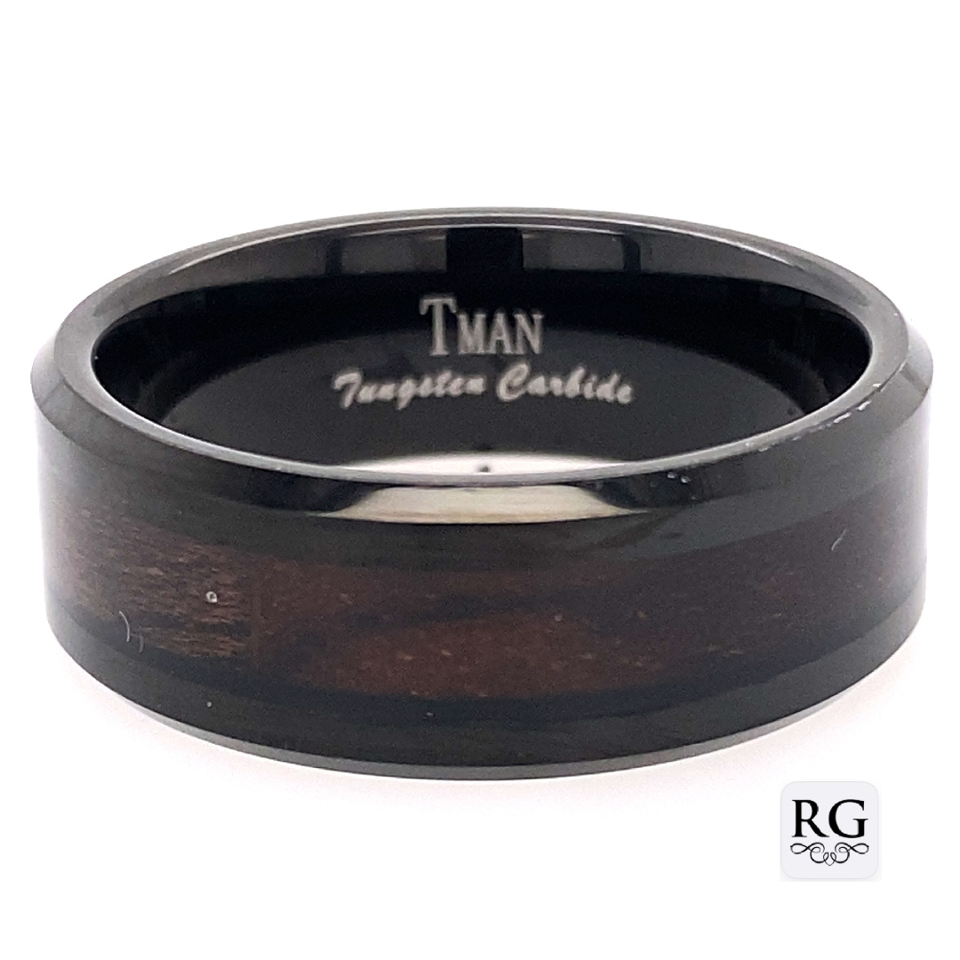 TUNGSTEN IP BLK FLAT POLISH WOOD INLAY RING - 8MM <br/>13612