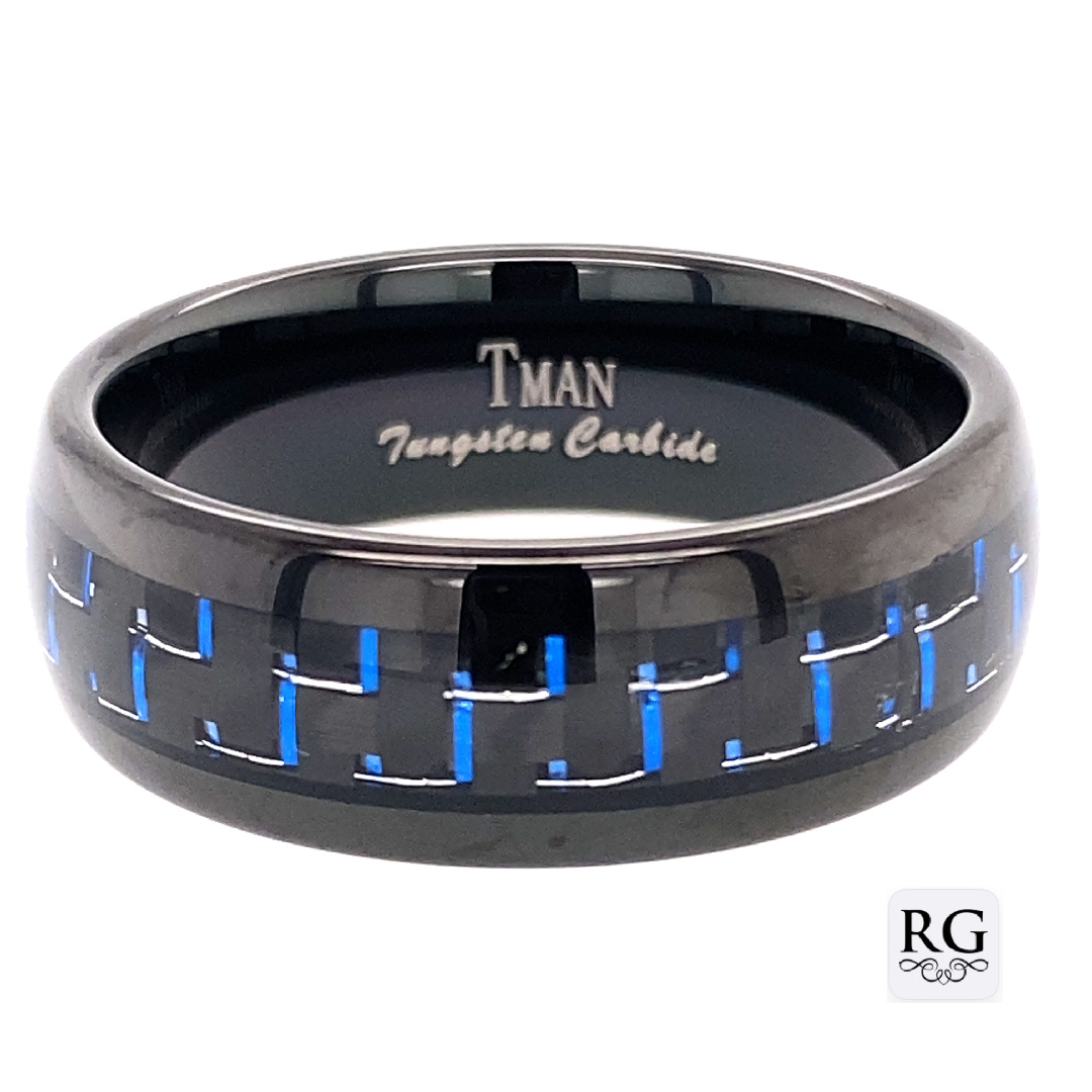 TUNGSTEN BLACK+BLUE CARBON FIBER POL DOME RING - 8 <br/>13622