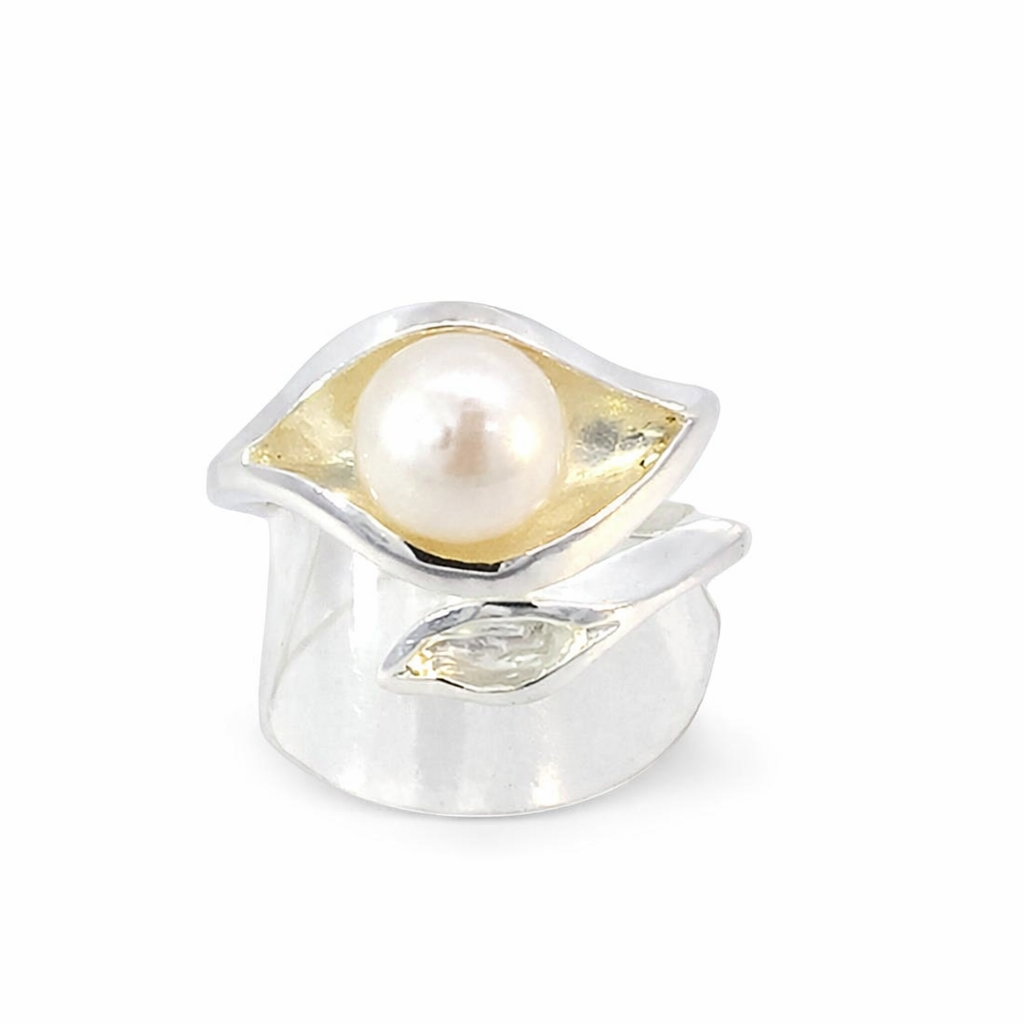 925 FW PEARL DBL LEAF CROSS OVER RING - 18MM <br/>13642 - Image 2