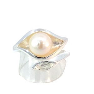 925 FW PEARL DBL LEAF CROSS OVER RING - 18MM <br/>13642