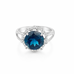 925 RND LONDON BLUE TOPAZ CZ PAVE HALO RING - 14MM <br/>13649