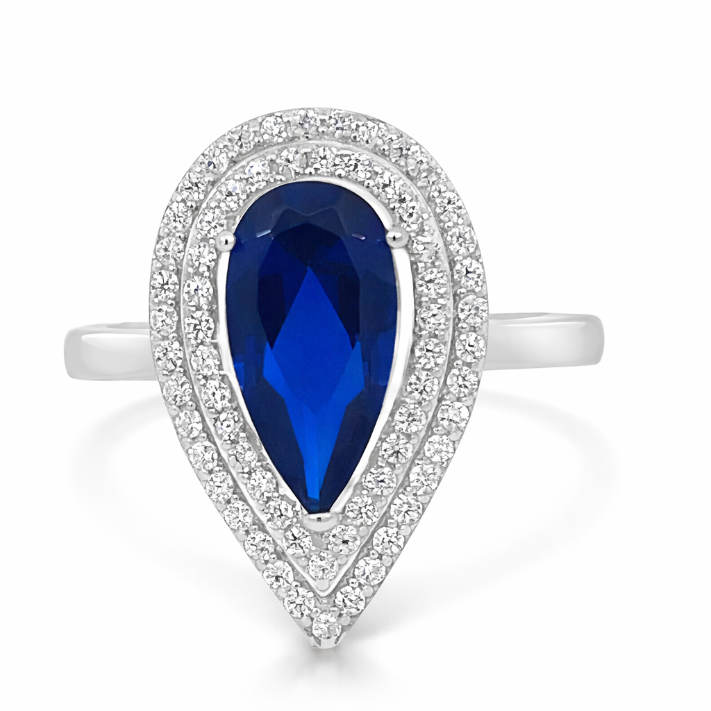925 DARK BLUE TEARDROP CZ PAVE DBL HALO RING 20MM <br/>13657 - Image 2