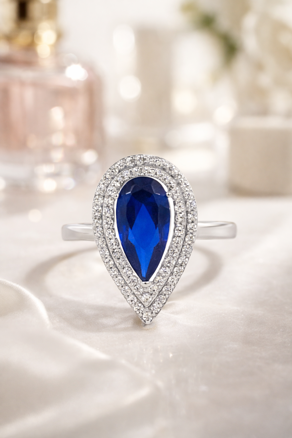 925 DARK BLUE TEARDROP CZ PAVE DBL HALO RING 20MM <br/>13657 - Image 3