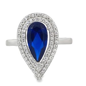 925 DARK BLUE TEARDROP CZ PAVE DBL HALO RING 20MM <br/>13657