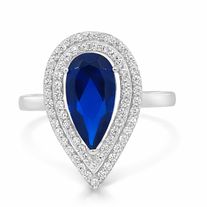 925 DARK BLUE TEARDROP CZ PAVE DBL HALO RING 20MM <br/>13657