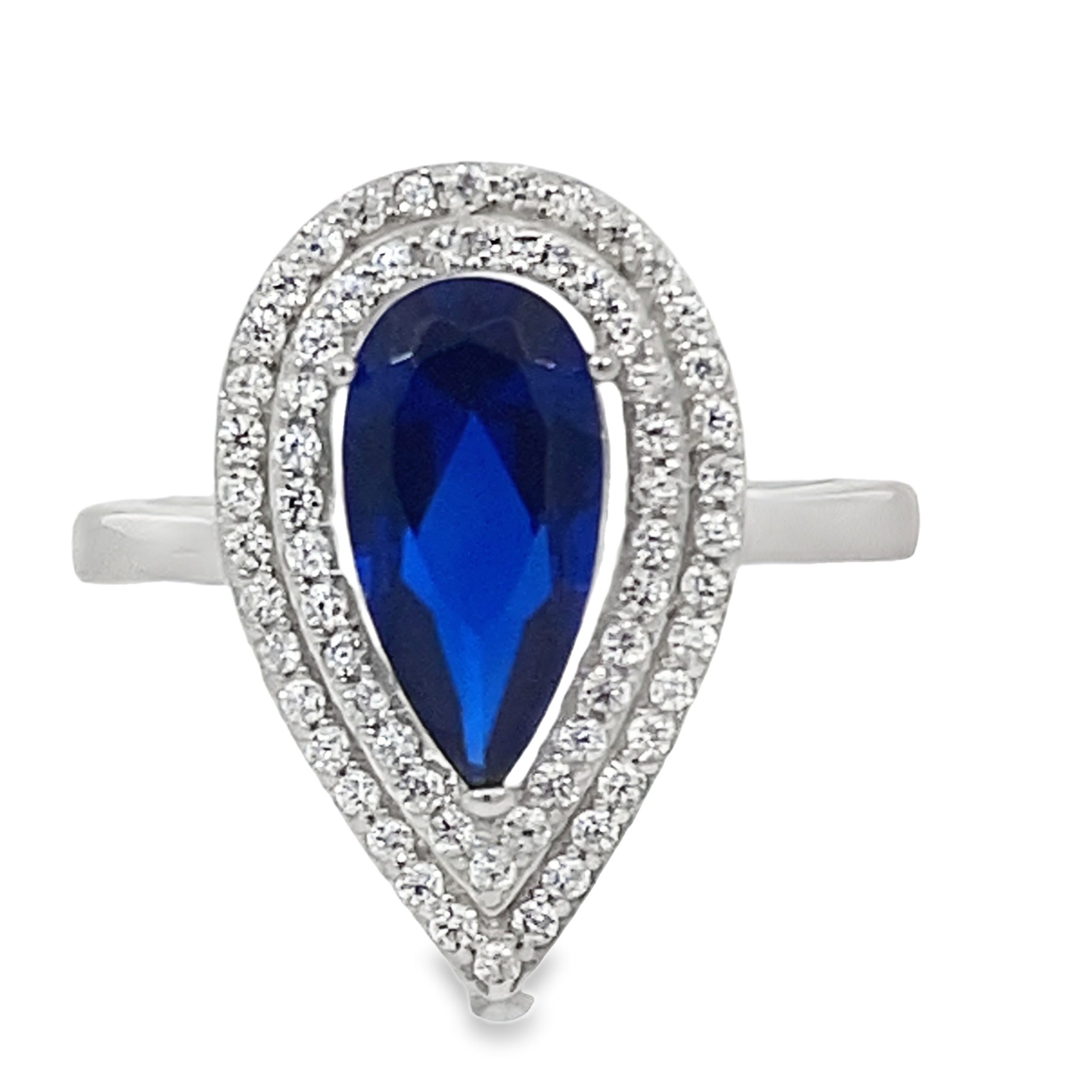 925 DARK BLUE TEARDROP CZ PAVE DBL HALO RING 20MM <br/>13657
