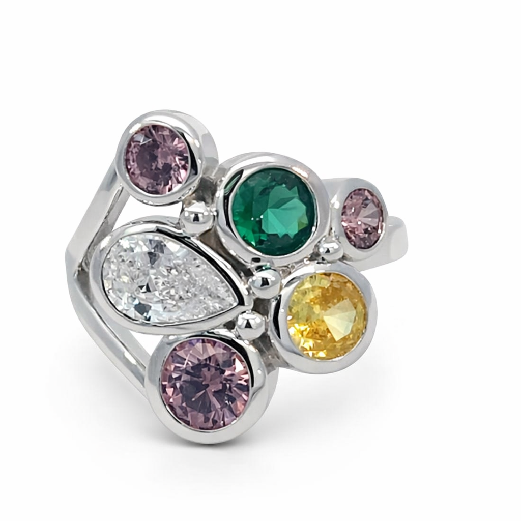 925 MULTI COL RND+TDROP CZ TUBE SET RING - 19MM <br/>13664