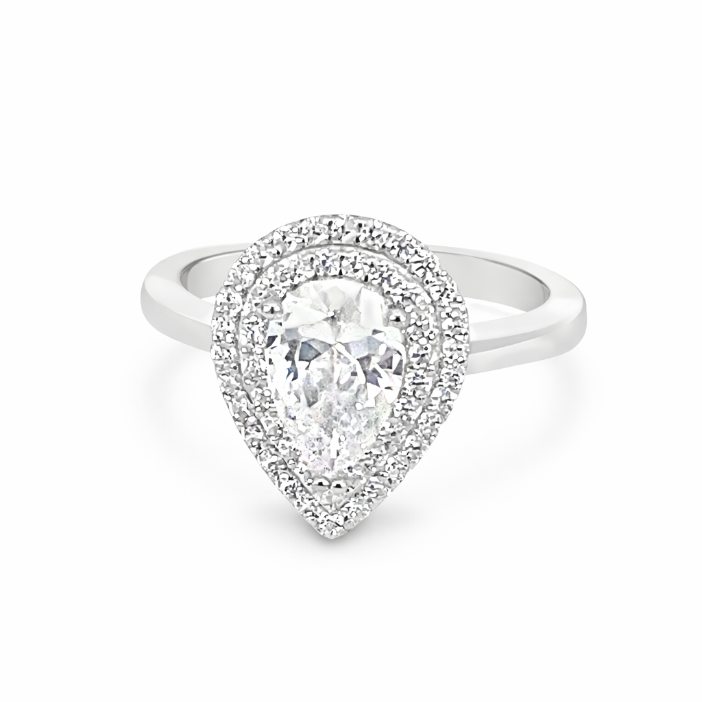 925 CZ PAVE DBL HALO TEARDROP RING - 15MM <br/>13793
