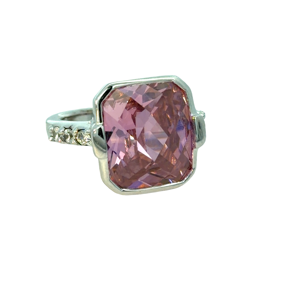 925 FACETED PINK CZ RECT TUBE SET RING - 16MM