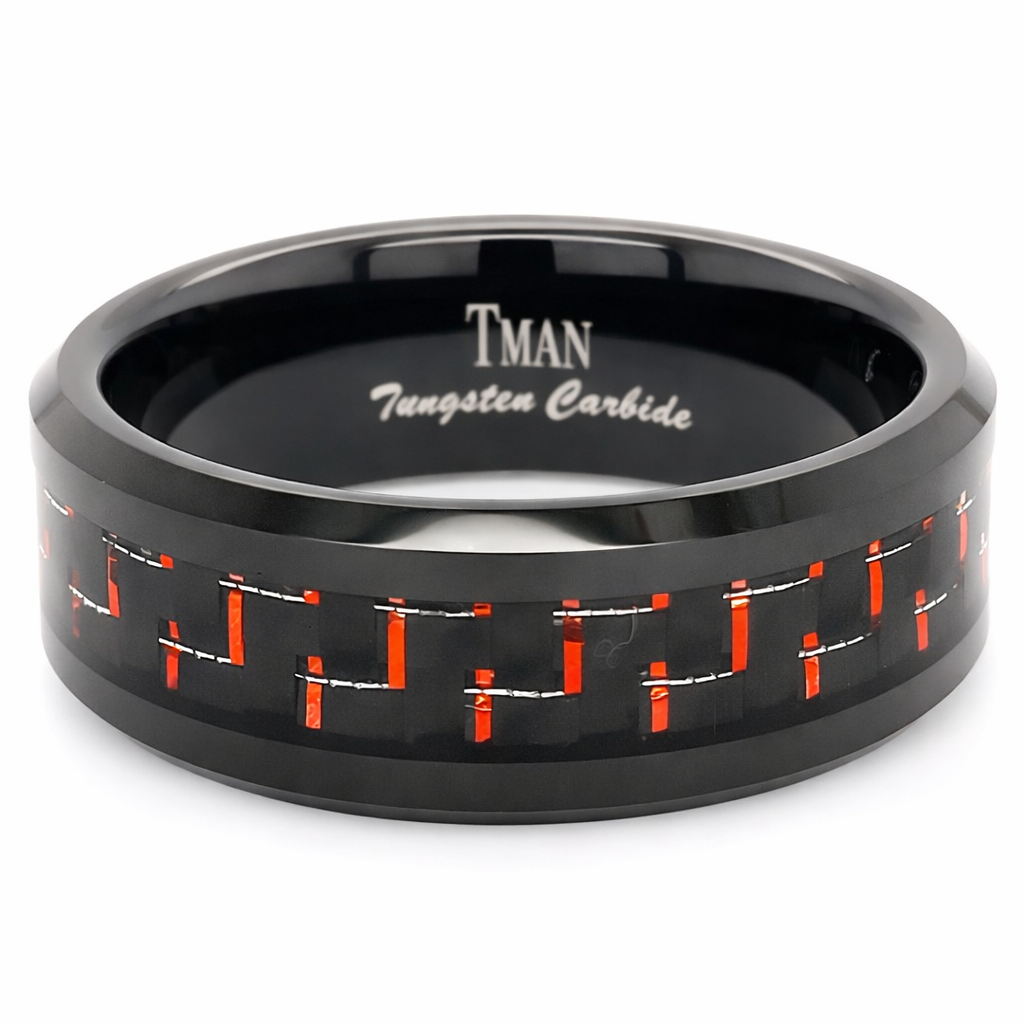 TUNGSTEN BLK+RED CARBON FIBRE INLAY RING - 8MM <br/>14421 - Image 2