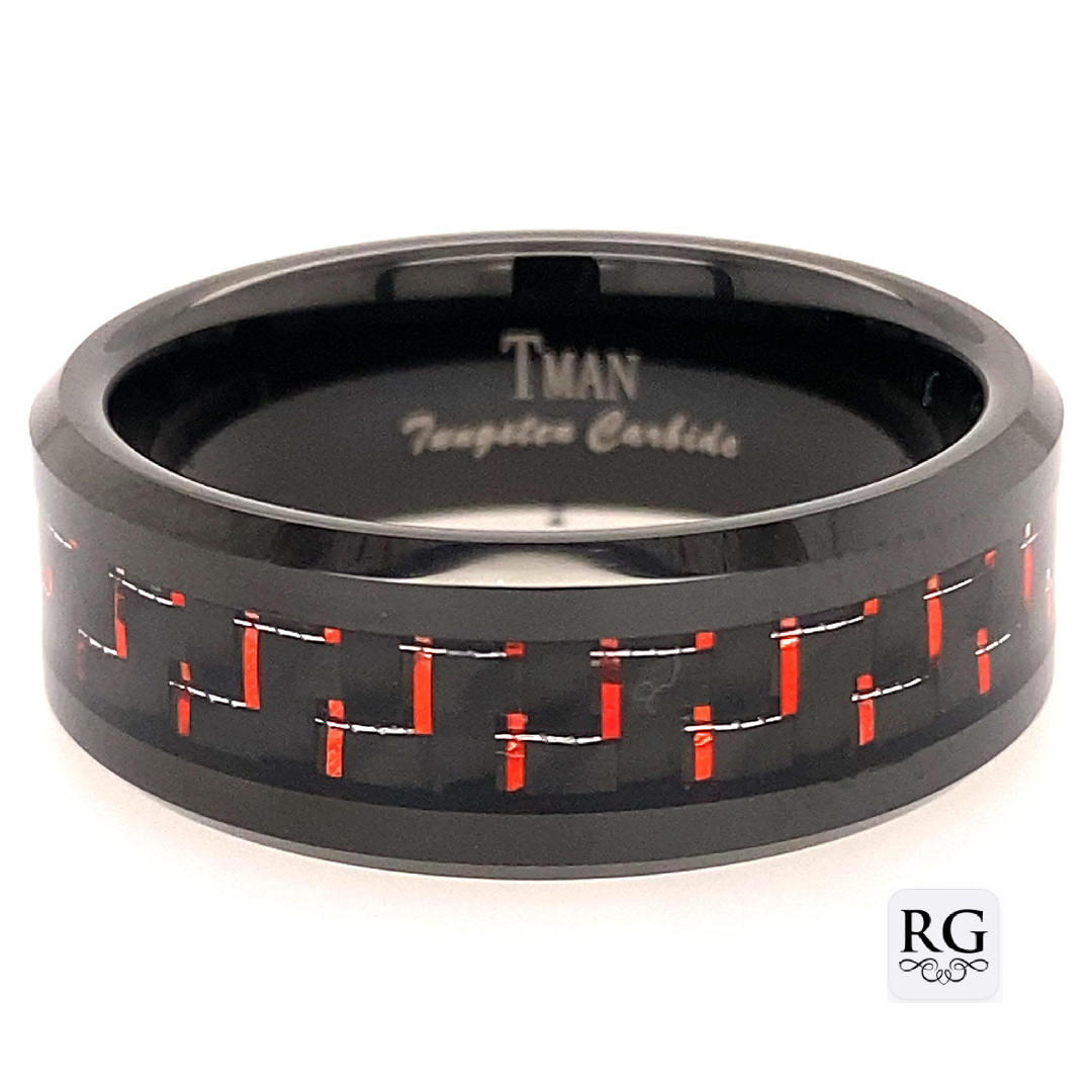 TUNGSTEN BLK+RED CARBON FIBRE INLAY RING - 8MM <br/>14421