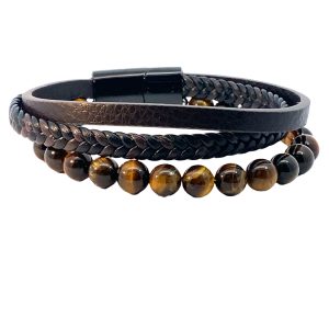 S/STEEL TIGER EYE+BLACK BROWN LEATHER BRACELET    <br/>15500.22