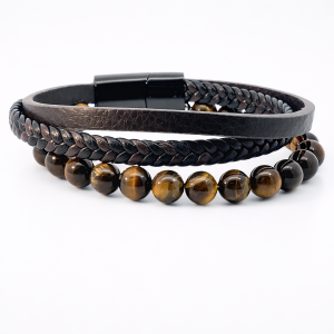 S/STEEL TIGER EYE+BLACK BROWN LEATHER BRACELET    <br/>15500.22